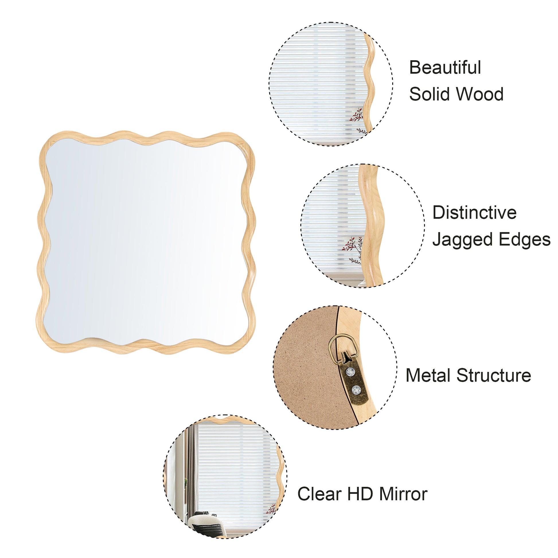 Solid Wood Wavy Square Mirror Natural Wood 36" X 36" Modern Mirror Wall Decor For Bathroom, Bedroom, Living Room, Dining Room, Cloakroom, Entryway Square Framed Natural Wood Living Room Large 33In 40In Glass Solid Wood