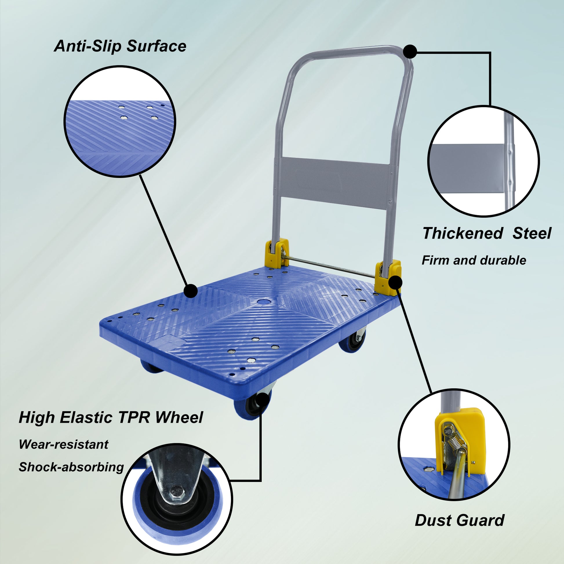 Foldable Platform Push Hand Truck Cart, 440 Lbs. Weight Capacity, 2 Swivel Brake Wheels Blue Metal