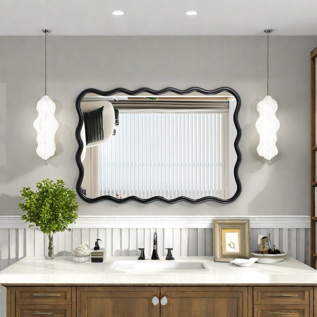 Solid Wood Wavy Rectangle Mirror Black 40" X 28" Modern Mirror Wall Decor For Bathroom, Bedroom, Living Room, Dining Room, Cloakroom, Entryway Rectangle Antique Black Living Room Large 33In 40In Glass Solid Wood