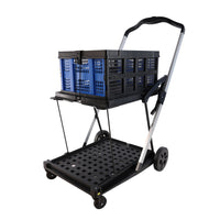 Folding Service Cart With Wheels Double Decker, Shopping, Library, Office Warehouse Moving Carts Black Blue Plastic