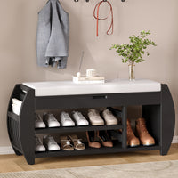 Retro Multifunctional Storage Bench With Cushion And Curved Side Panel For Entrance And Living Room Black Black Mdf