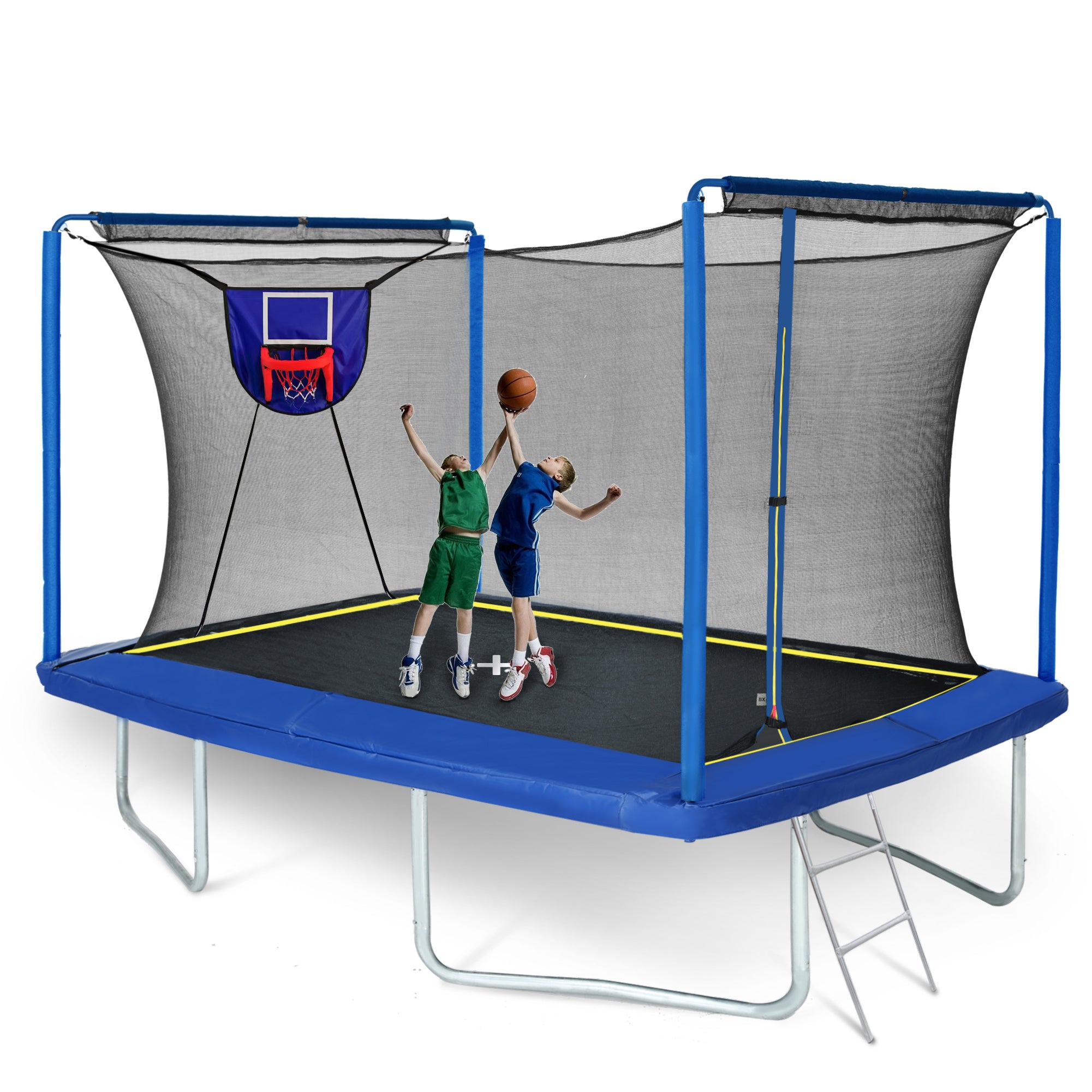 Yc 8Ft By 12Ft Rectangular Trampoline With Basketball Board,Ball Inflater And Ladder Blue Astm Standard Tested And Cpc Certified Blue Steel