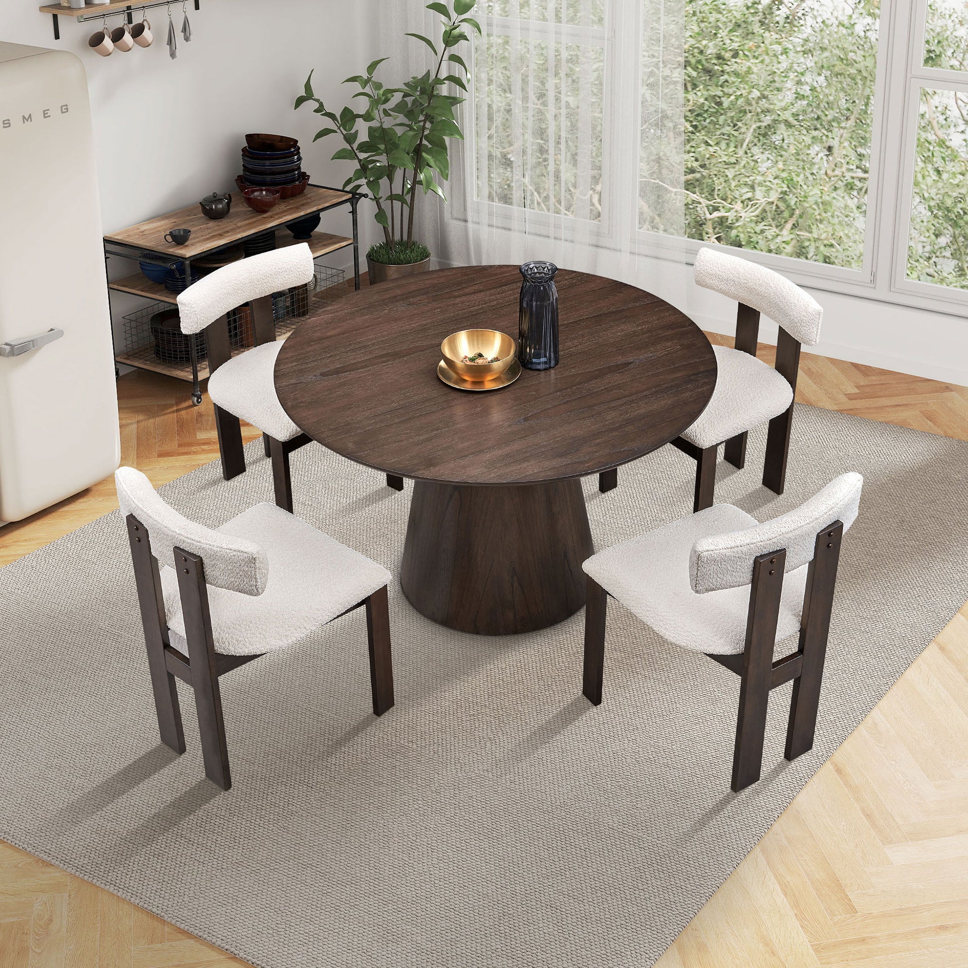 1 Table With 4 Chairs Wooden Dining Table Set, Modern Round Mdf Kitchen Table And Boucle Upholstered Dining Chairs For Dining Room, Kitchen, Saving Space, Brown Brown Solid Wood Mdf