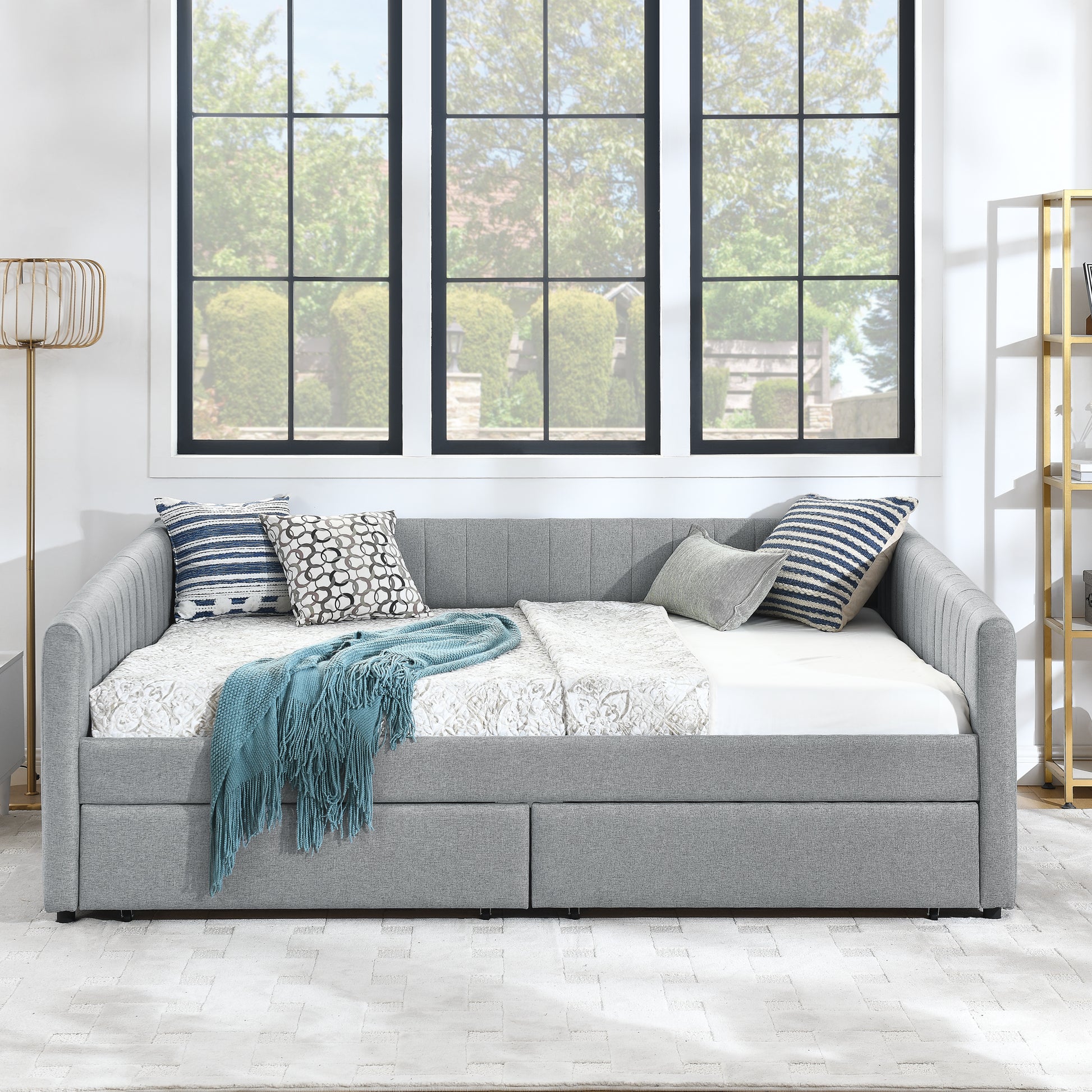 Queen Size Daybed With Two Drawers Trundle Upholstered Sofa Bed, With Vertical Stripes Linen Fabric, Grey 86.5"X65"X30" Grey Linen