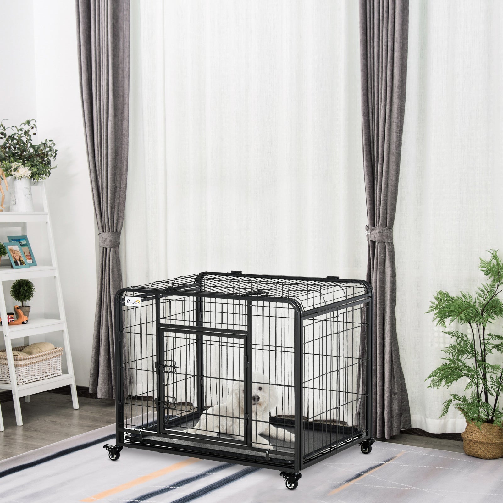 Pawhut Folding Design Heavy Duty Metal Dog Cage Crate & Kennel With Removable Tray And Cover, & 4 Locking Wheels, Indoor Outdoor 37" Dark Grey Metal