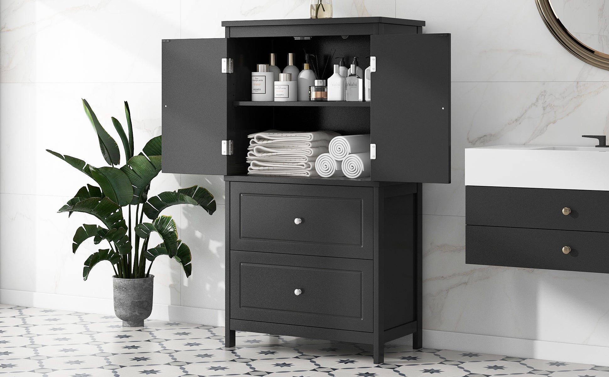 Bathroom Storage Cabinet, Cabinet With Two Doors And Drawers, Adjustable Shelf, Mdf Board, Black Black Mdf