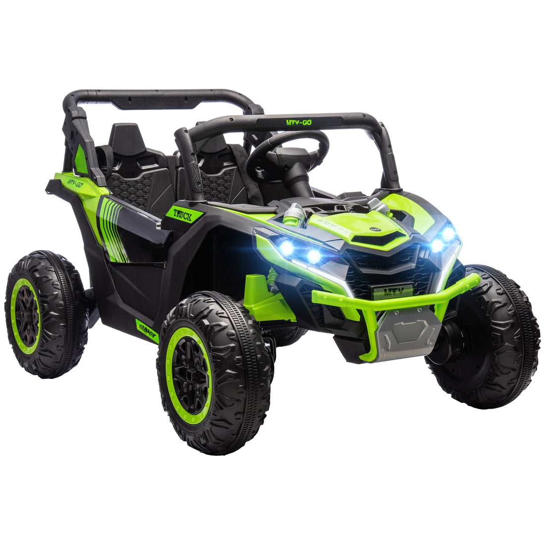 Qaba 24V 7Ah Ride On Utv, 2 Seater 4Mph Kids Electric Car Ride On Battery Powered Toy With 4 Shock Absorbers, Music Horn And Led Lights, For Toddlers 3 8 Years, Green Green Plastic