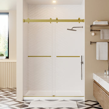 56 60 Inches Width 76 Inches Height Double Sliding Frameless Shower Door With 3 8 Inches 10Mm Clear Tempered Glass, Brushed Gold Finish Brushed Gold Bathroom Luxury,Modern Glass Aluminium,Stainless