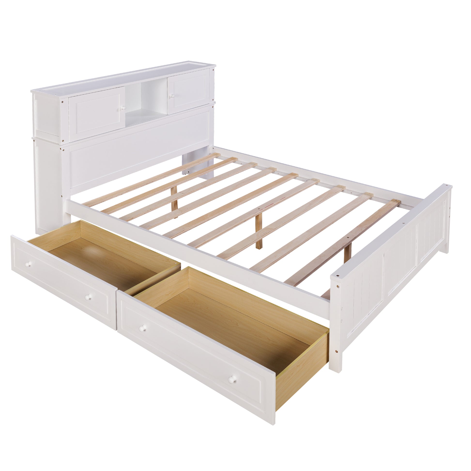 Full Size Platform Bed With Storage Headboard And Sliding Door,2 Drawers, White Full White Solid Wood Mdf