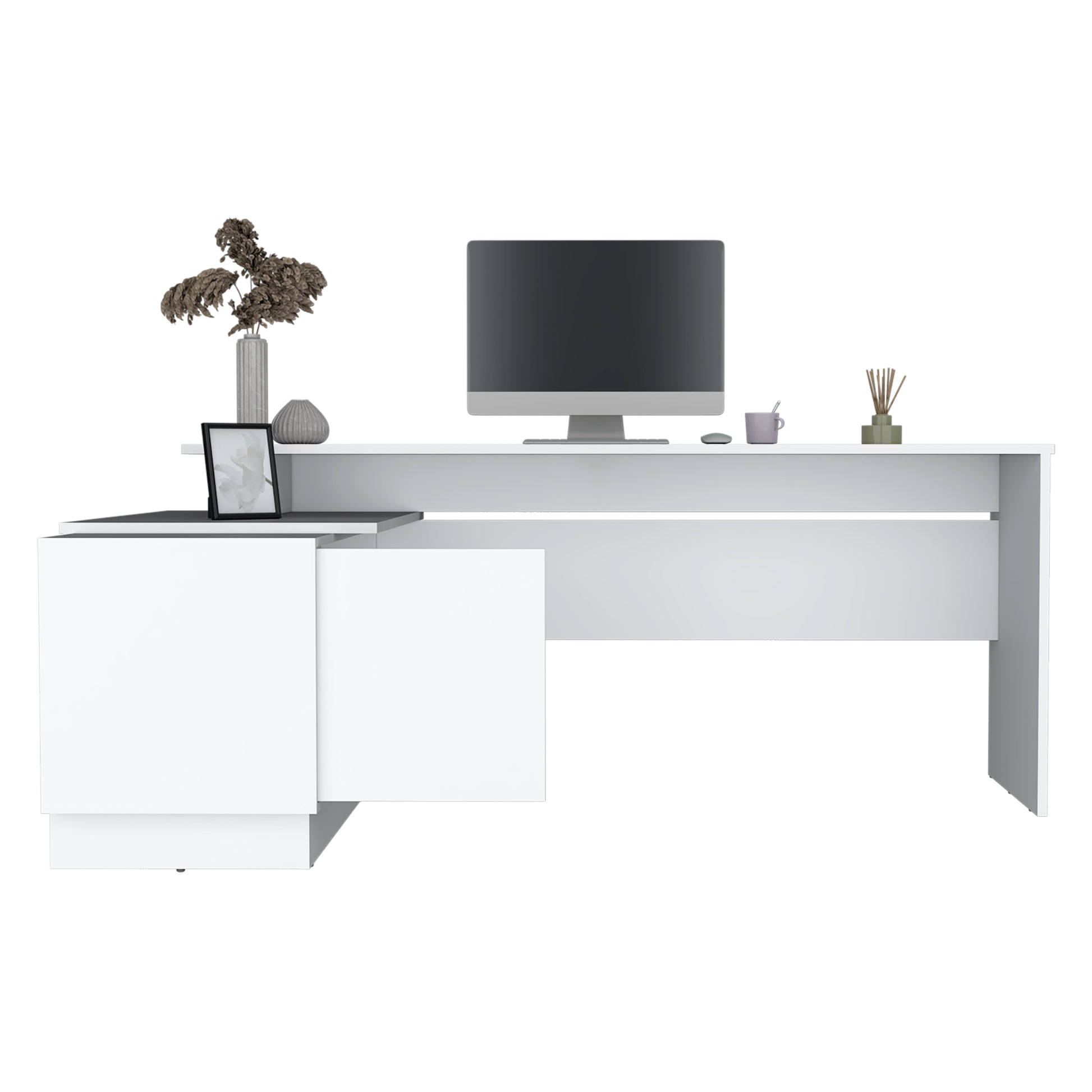 Emery L Shaped 70" Wide Desk With One Cabinet And Two Open Shelves White Desk Top Office Modern Freestanding Rectangular Open Storage Coffee & End Tables Rectangular Particle Board