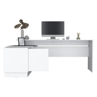 Emery L Shaped 70" Wide Desk With One Cabinet And Two Open Shelves White Desk Top Office Modern Freestanding Rectangular Open Storage Coffee & End Tables Rectangular Particle Board