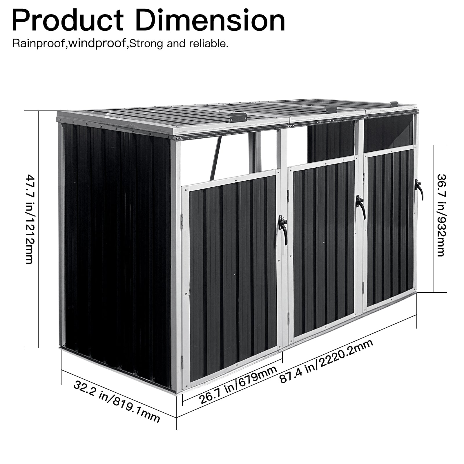 Garbage Bin Shed Stores 3 Trash Cans Metal Outdoor Bin Shed For Garbage Storage,Grey Grey Metal