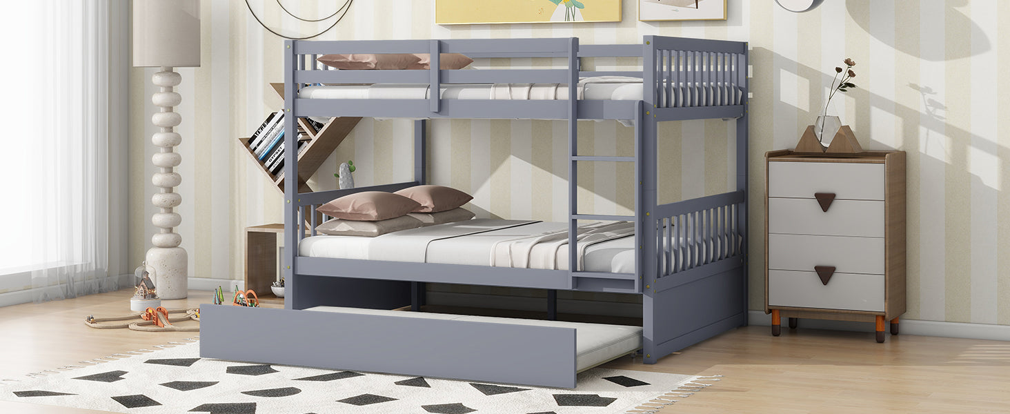 Full Over Full Rubber Wood Bunk Bed With Trundle, Ladder And Guardrails, Convertible To 2 Full Size Beds, With Twin Size Trundle ,Grey Full Grey Bedroom American Design Bed Frame Rubber Wood