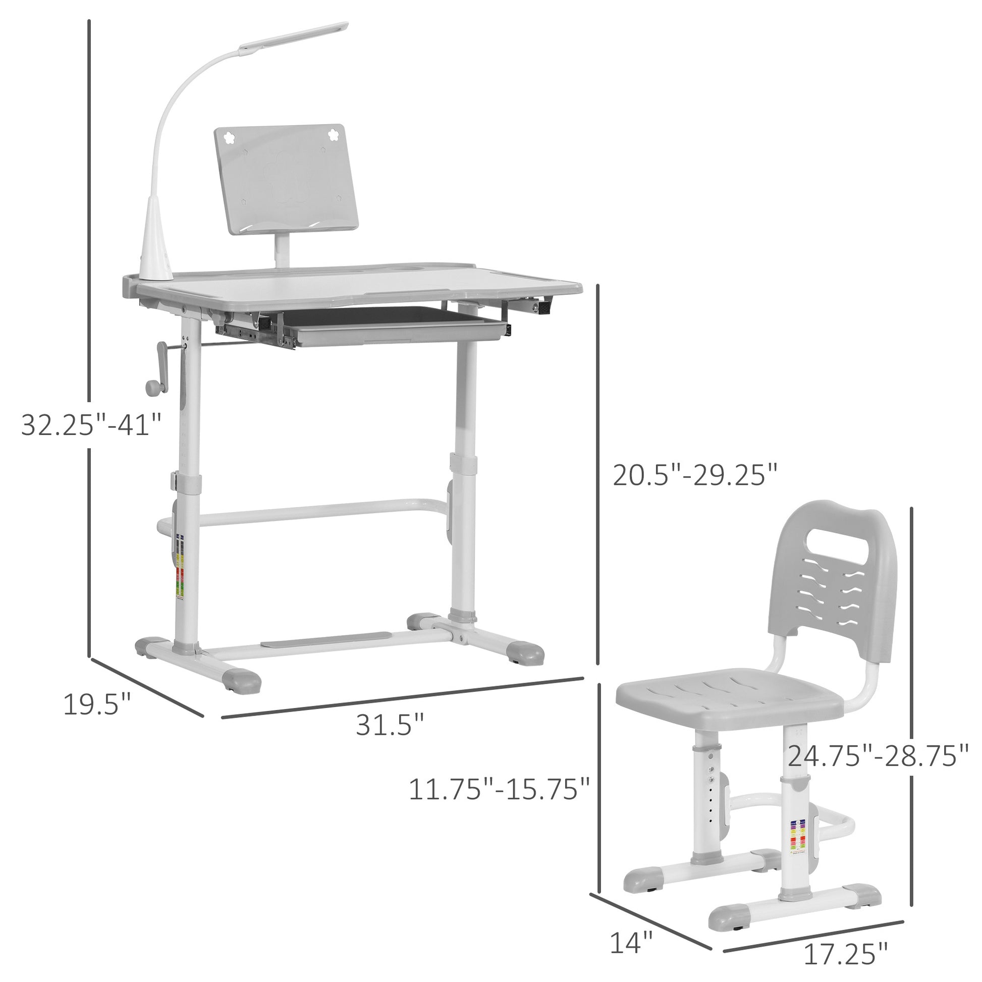 Qaba Kids Desk And Chair Set, Height Adjustable School Study Table And Chair, Student Writing Desk With Tilt Desktop, Led Light, Pen Box, Drawer, Reading Board, Cup Holder, And Pen Slots, Grey Grey Plastic