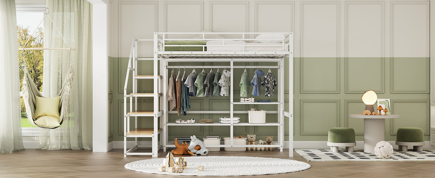 Full Size Metal Loft Bed With Wardrobe And Storage Shelves, White Box Spring Not Required Full White Metal Mdf Metal