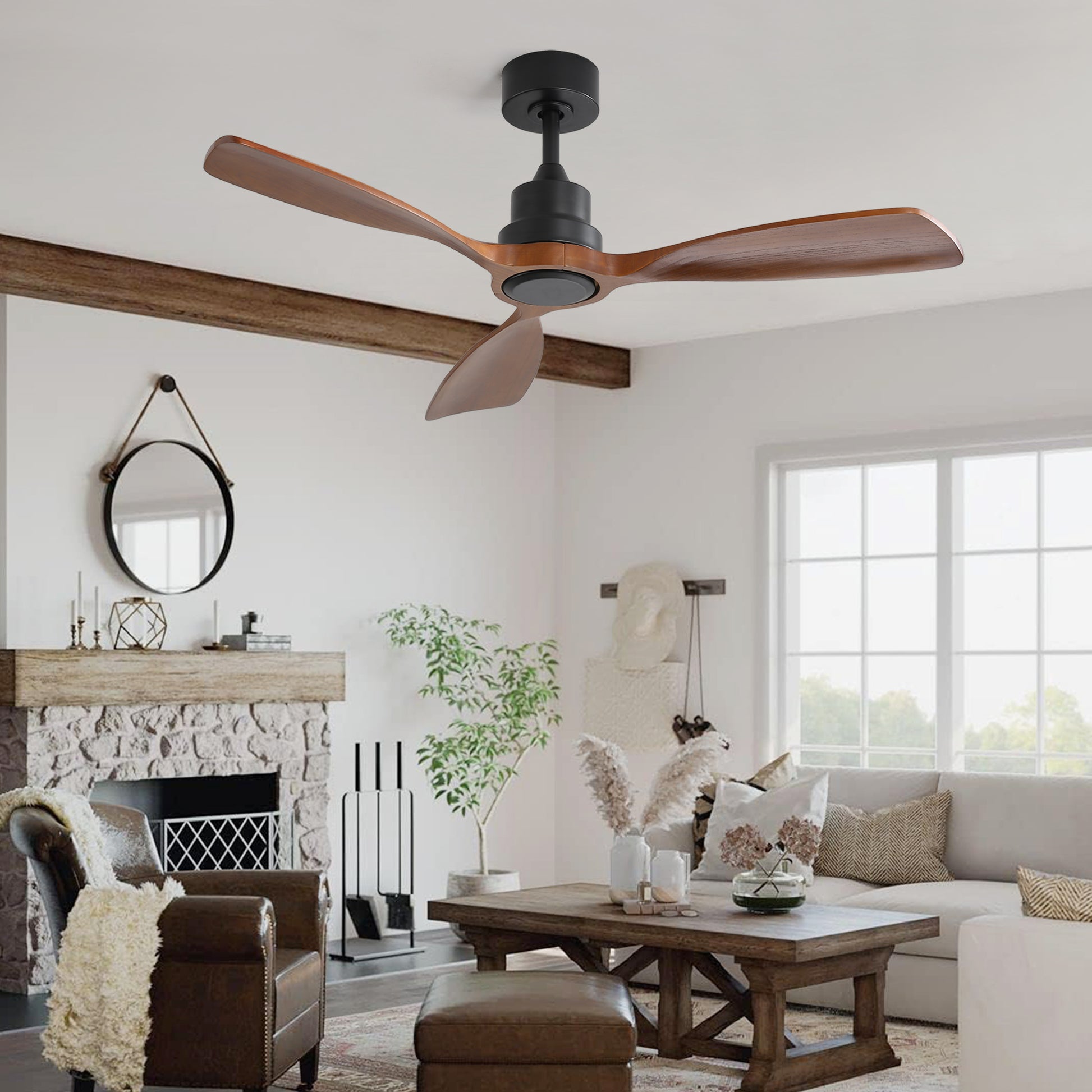 48 Inch Ceiling Fan Without Light, 3 Solid Wood Blades Indoor&Outdoor Ceiling Fan 6 Speed Reversible Dc Motor For Living Room Black Metal & Wood