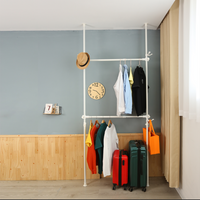 Telescopic Garment Rack, Heavy Duty Design Movable Diy By Hand No Damage To Wall Ceiling Hanging Rail, 31 47In Wide Adjustable, 120 Kilogram Loading, Reach Hook Included, White White Primary Living
