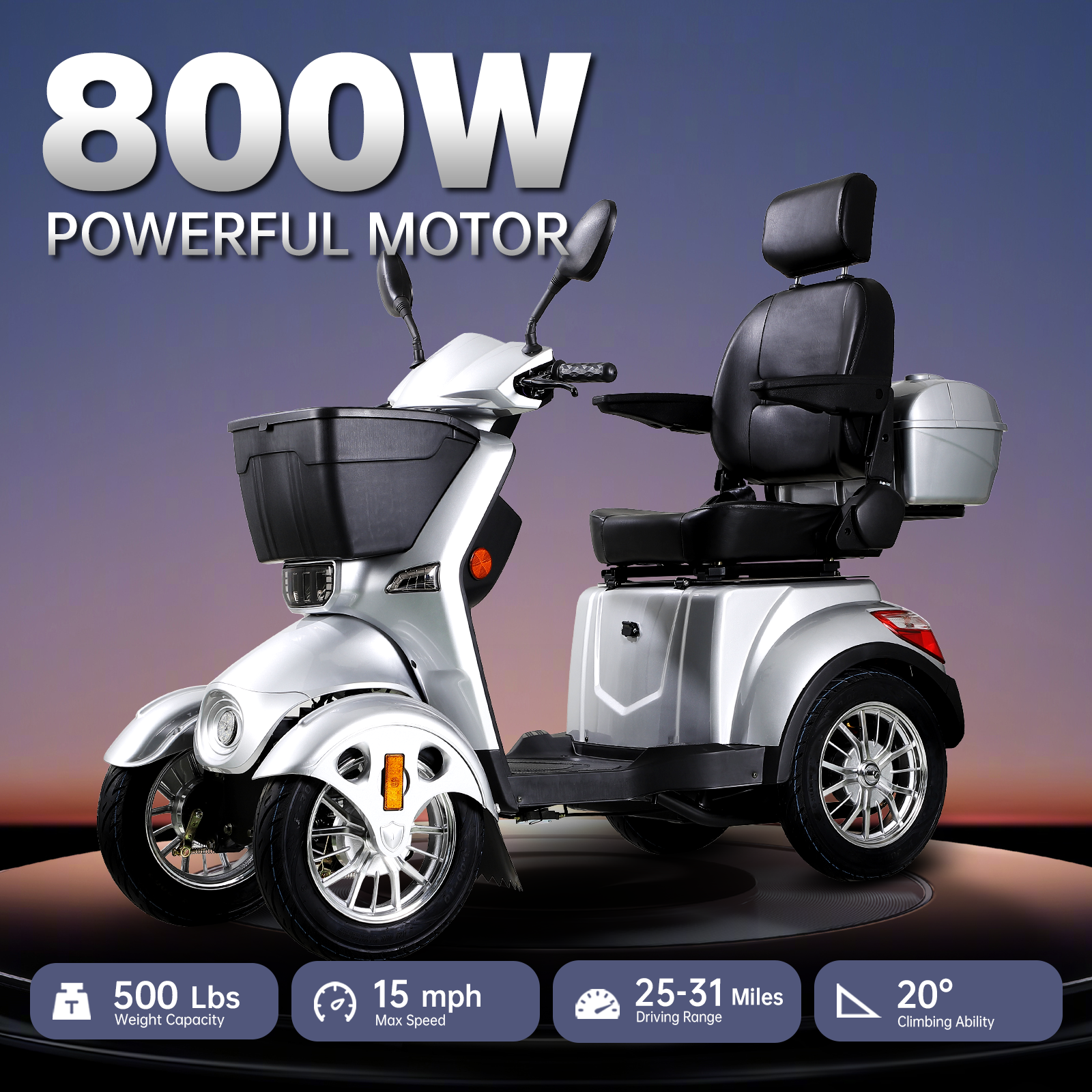 Xl3D4L Electric Mobility Recreational Travel Scooter For Adults,Mobility Scooters For Seniors, 4 Wheel Powered Mobility Scooters Silver Abs Pc Abs Pc