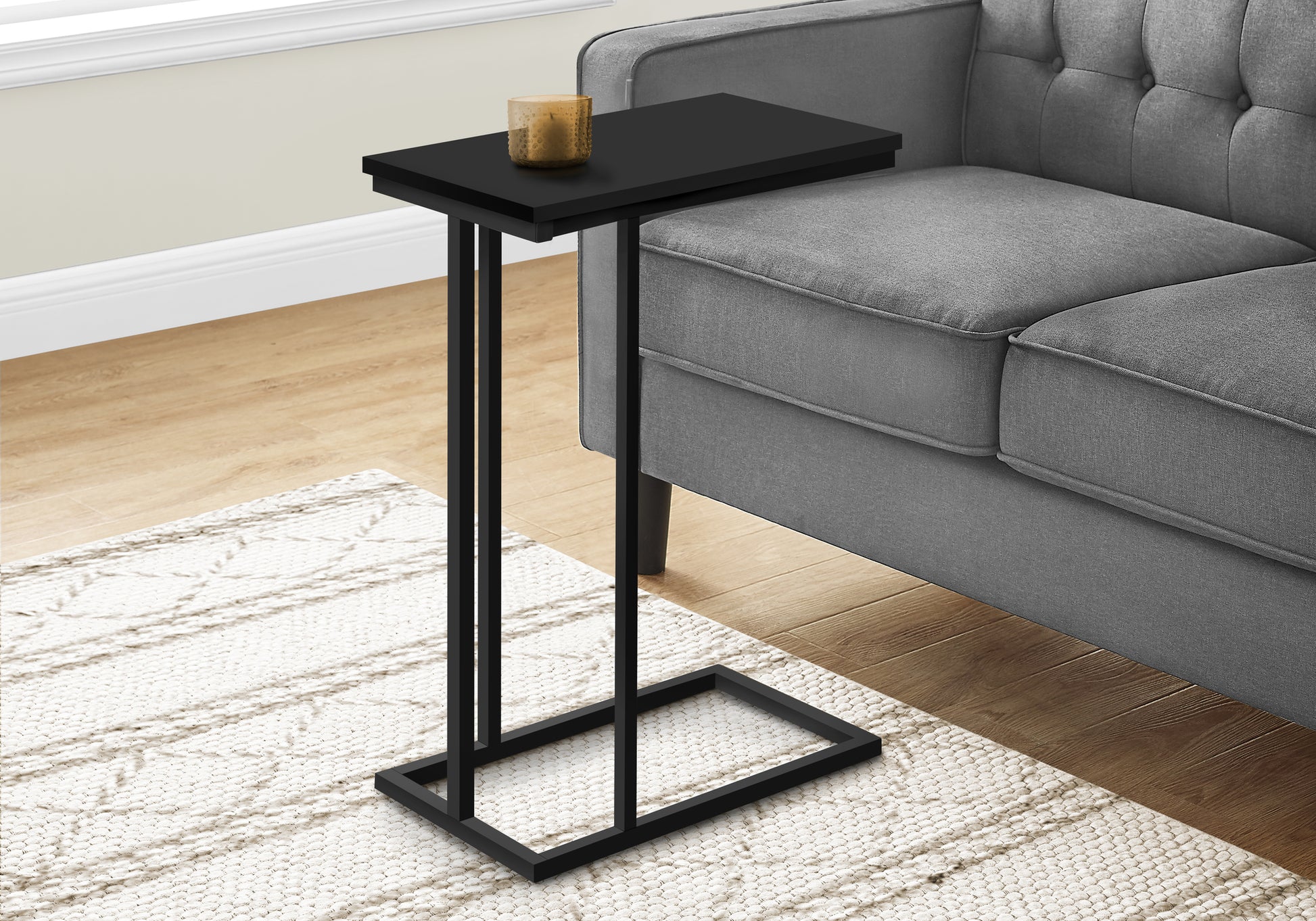 Accent Table, C Shaped, End, Side, Snack, Living Room, Bedroom, Black Laminate, Black Metal, Contemporary, Modern Black Mdf