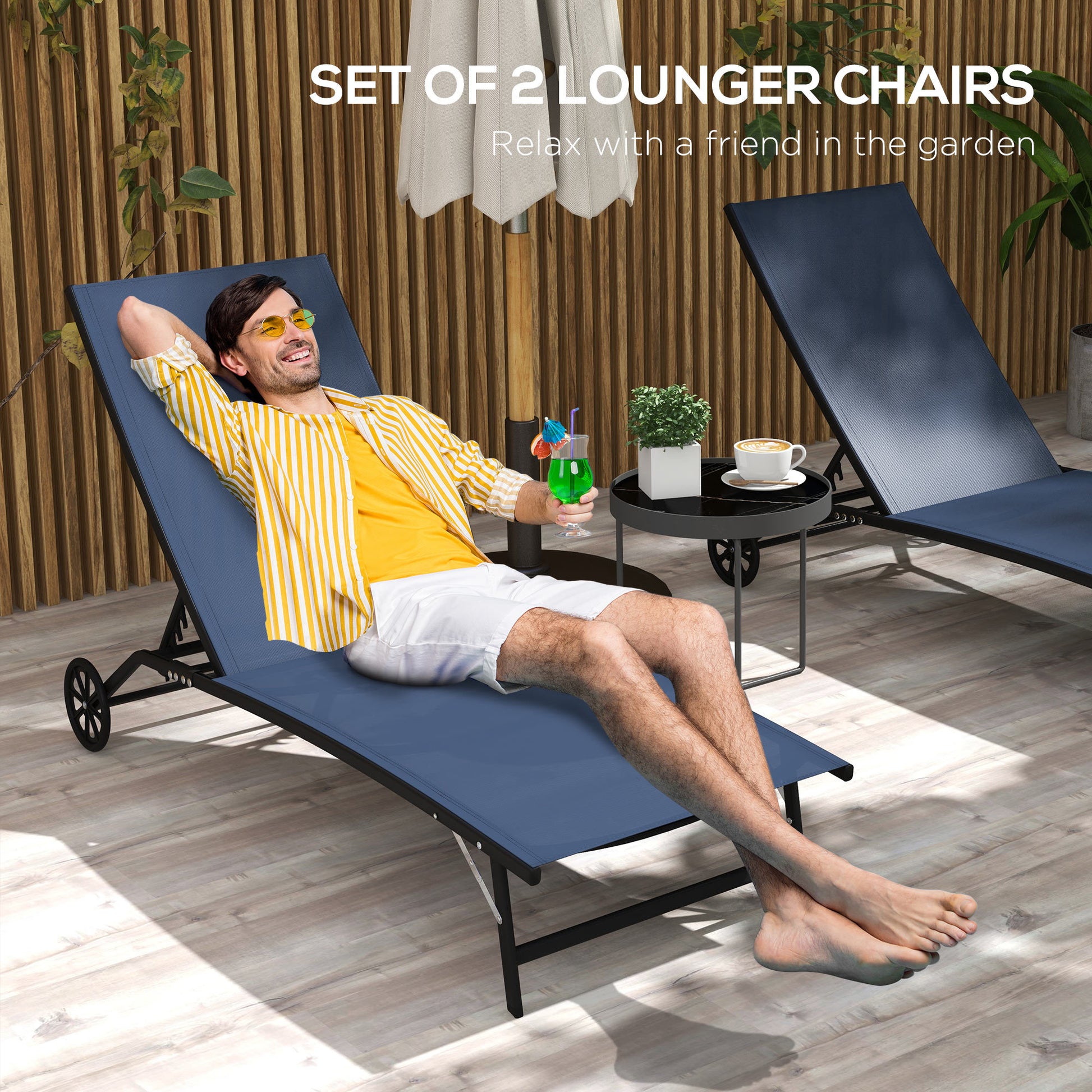 Outsunny Chaise Lounge Outdoor, 2 Piece Lounge Chair With Wheels, Tanning Chair With 5 Adjustable Position For Patio, Beach, Yard, Pool, Dark Blue Blue Fabric