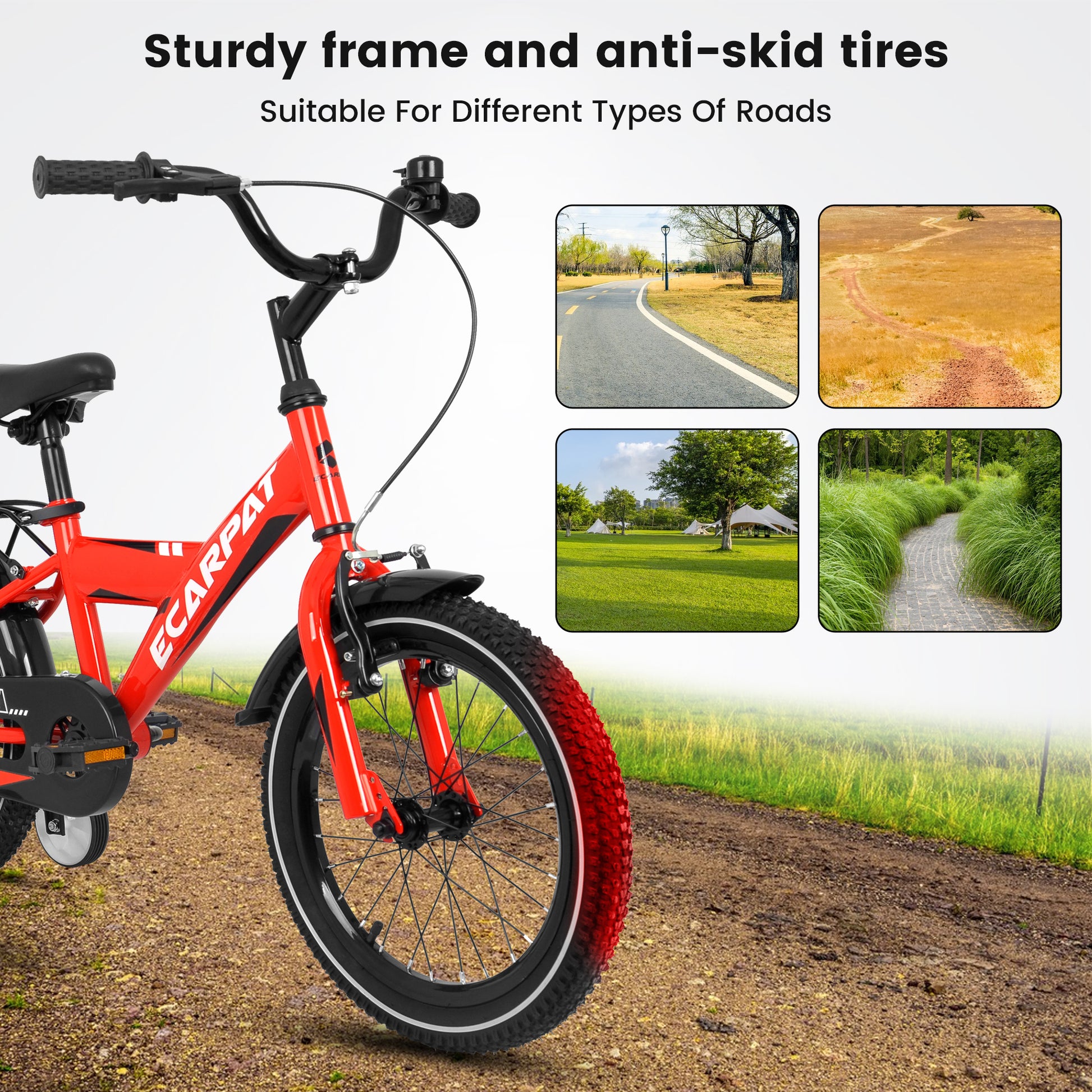 A14115 Kids Bike 14 Inch For Boys & Girls With Training Wheels, Freestyle Kids' Bicycle With Fender And Carrier. Red Steel