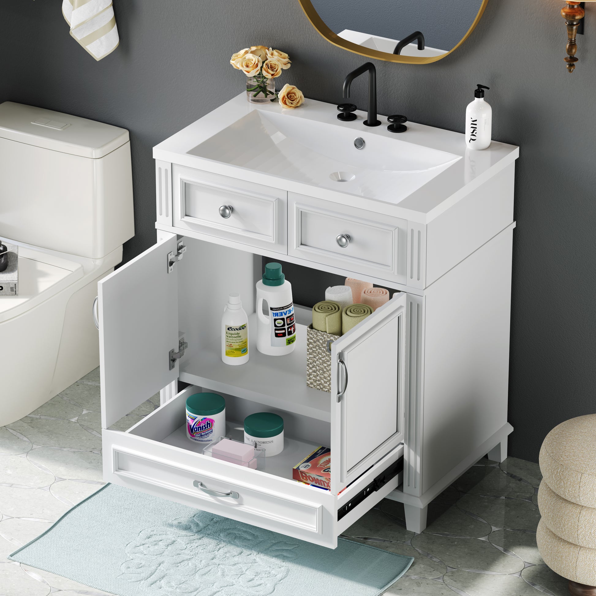 30'' Bathroom Vanity With Resin Sink, Solid Wood Frame Bathroom Storage Cabinet With Soft Closing Doors, Retro Style, White 1 White 2 Bathroom Freestanding Modern Solid Wood Mdf Resin Painted