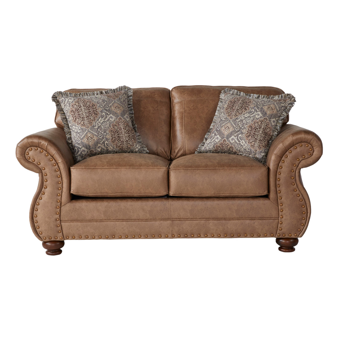 Leinster Fabric Loveseat With Antique Bronze Nailheads In Jetson Ginger Brown Brown Faux Leather Wood Primary Living Space Cushion Back American Traditional,Traditional Rolled Arms Faux Leather