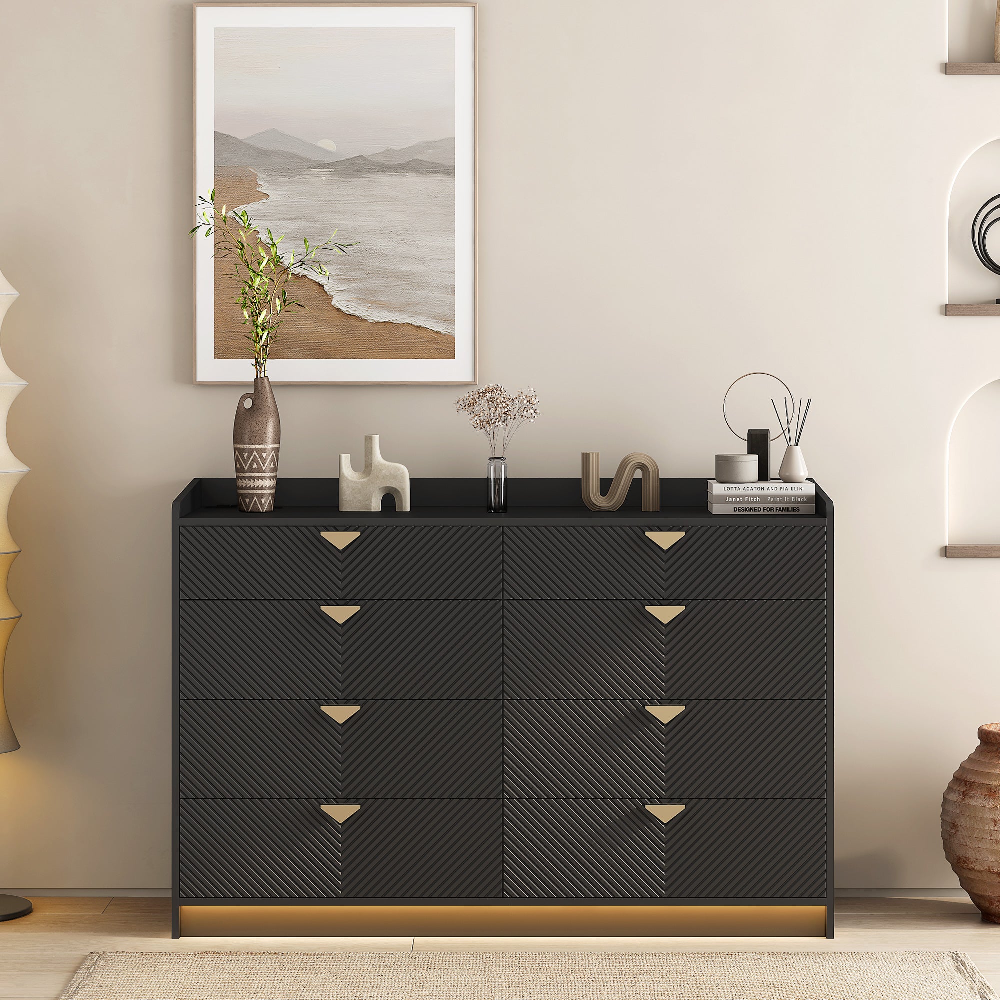 8 Drawer Double Dresser For Bedroom With Led, Modern Dressers Chest Of Drawers With Fluted Panel, Wide Wood Storage Dresser Organizer, Dresser For Bedroom, Living Room,Black Black Mdf