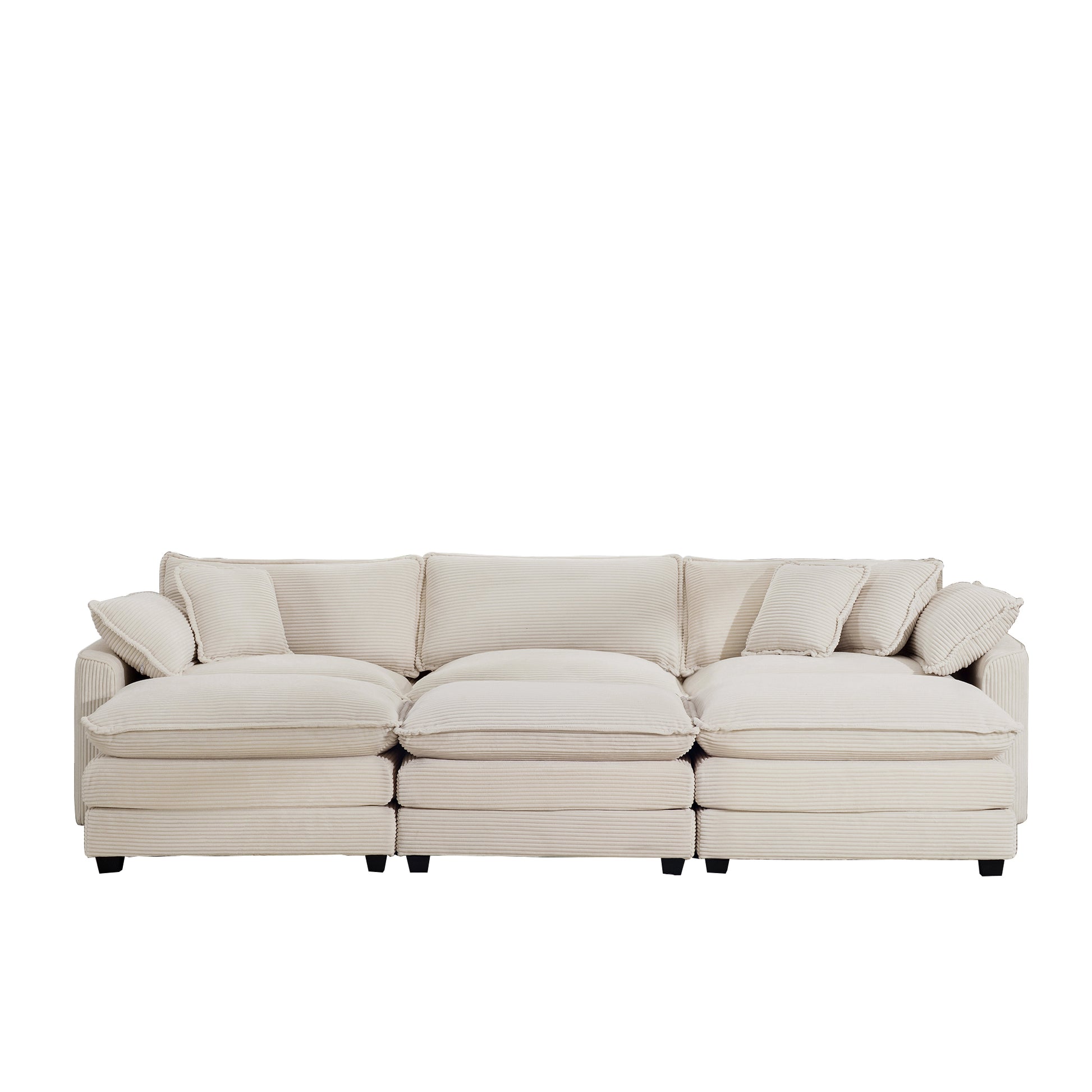 Oversized Modular Cushioned Sofa With 3 Ottomans, Modular Sofa Set To Work As Sleeper Sofa Bed6 Piece Sofa Set With One 3 Seater Sofa And Three Ottomans, Light Beige Corduroy Beige Corduroy 3 Seat