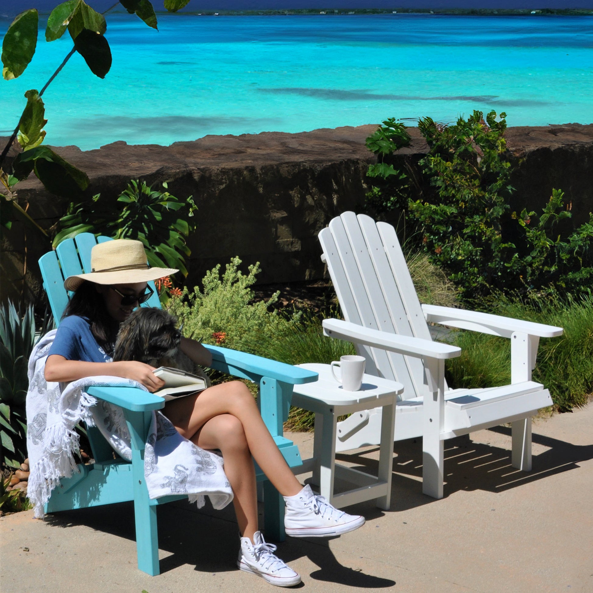 Hips Folding Adirondack Chair, Ultra Durable Weather Resistant Design, Real Wood Look, Easy Folding With No Pins Needed, 300 Lb Capacity, Blue Aqua Blue Plastic