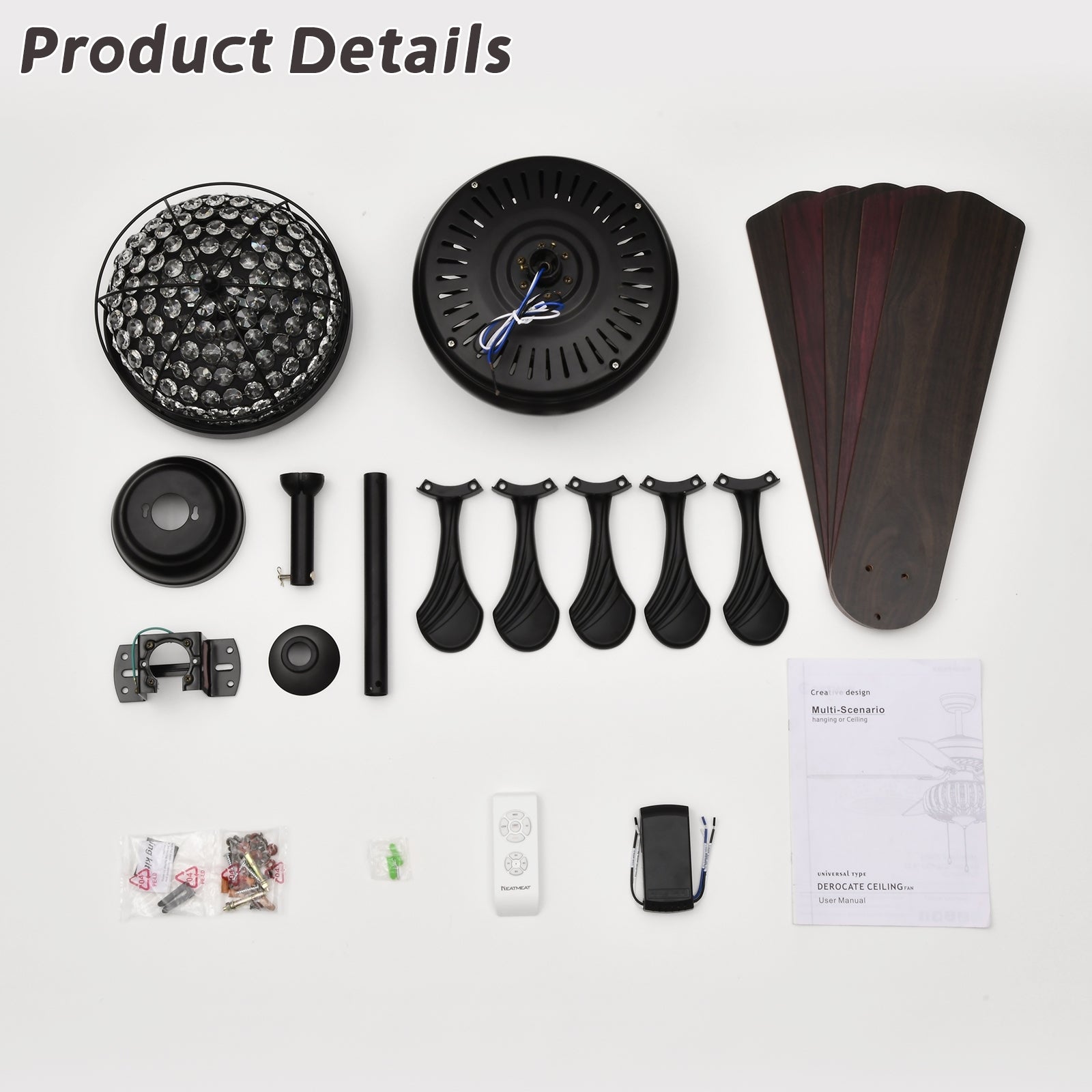 Modern Design Living Room 52 Inch Decorative Crystal Chandelier Ceiling Fan With Light Matt Black American Design,American Traditional,Antique,Classic Plywood Iron