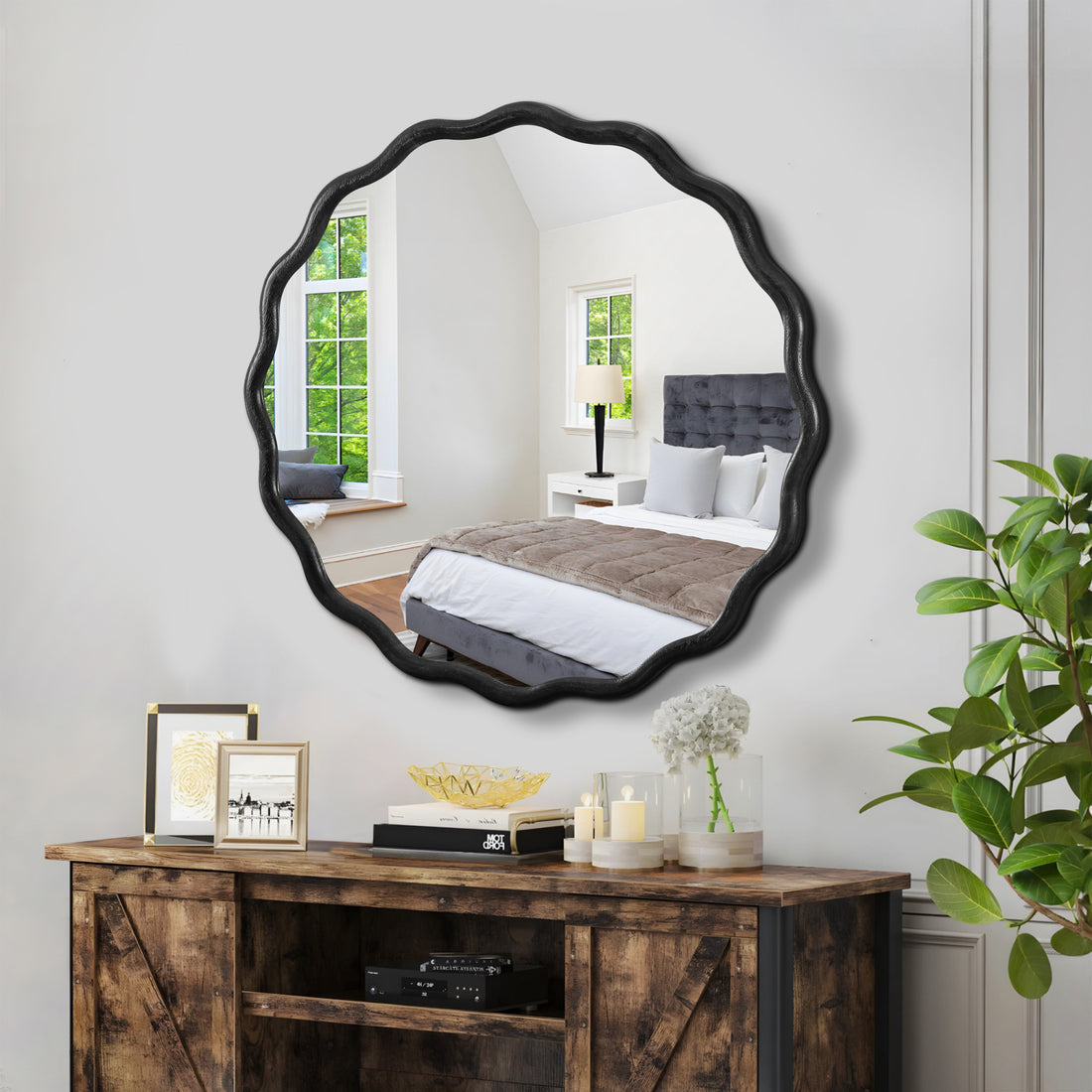 Solid Wood Wavy Mirror Black Vanity Mirror Wall Decor 36" X 36" Modern Mirror Wall Decor For Bathroom, Bedroom, Living Room, Dining Room, Cloakroom, Entryway Oval Or Circle Framed Black Living Room Large 33In 40In Glass Solid Wood