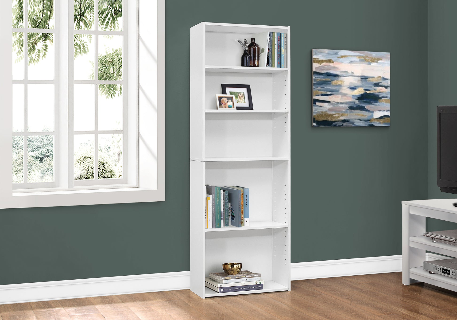 Bookshelf, Bookcase, 6 Tier, 72"H, Office, Bedroom, White Laminate, Transitional White Particle Board