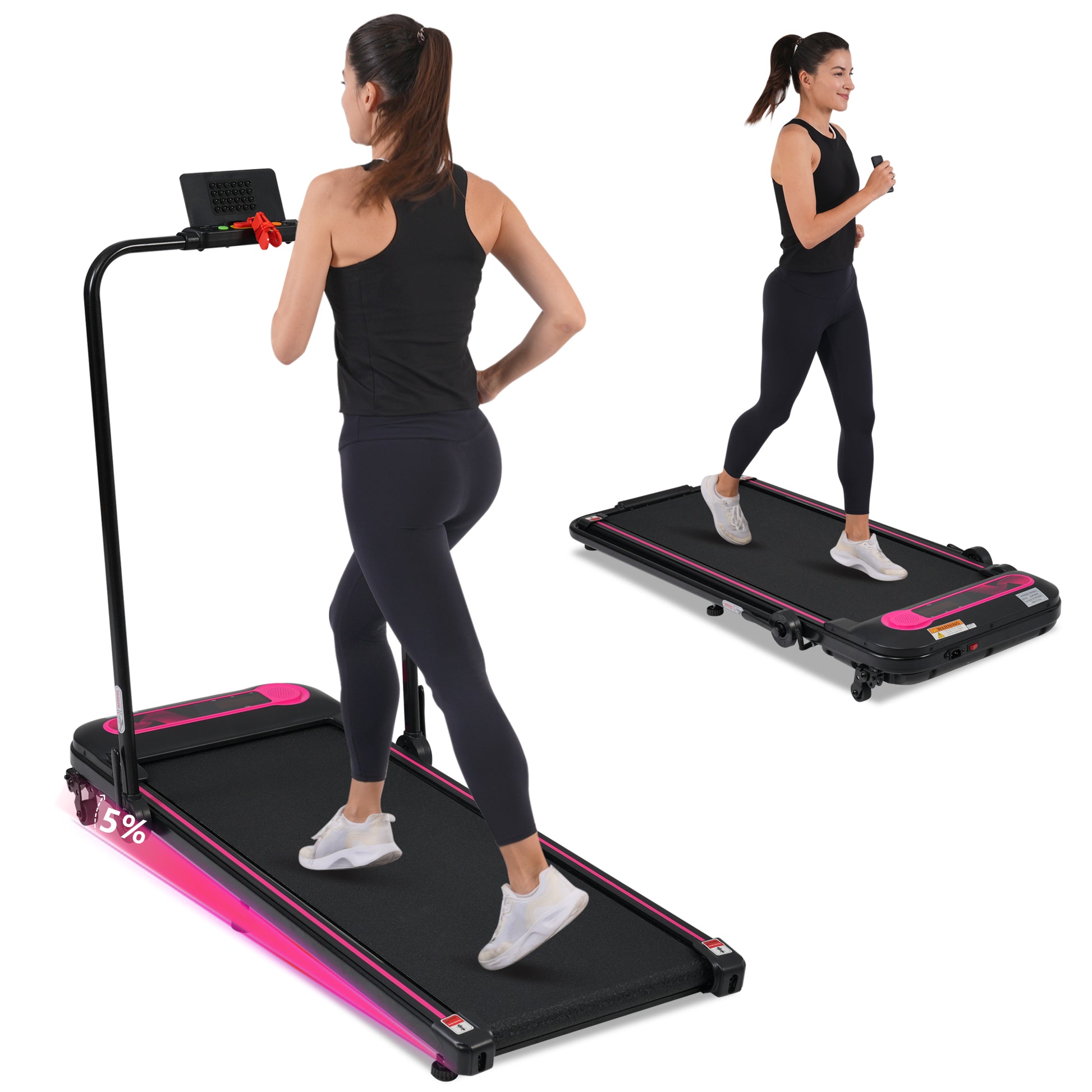 Folding Walking Pad Under Desk Treadmill For Home Office 2.5Hp Walking Treadmill With Incline 0.5 7.5Mph 300Lbs Capacity Treadmill For Walking Running Two Ways To Adjust Speed Indoor Fitness Pink