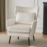 Wing Back Velvet Accent Chair, Modern Living Room Armchair Comfy Upholstered Single Sofa Chair For Bedroom Dorms Reading Reception Room With Metal Legs & Pillow, Beige Beige Velvet