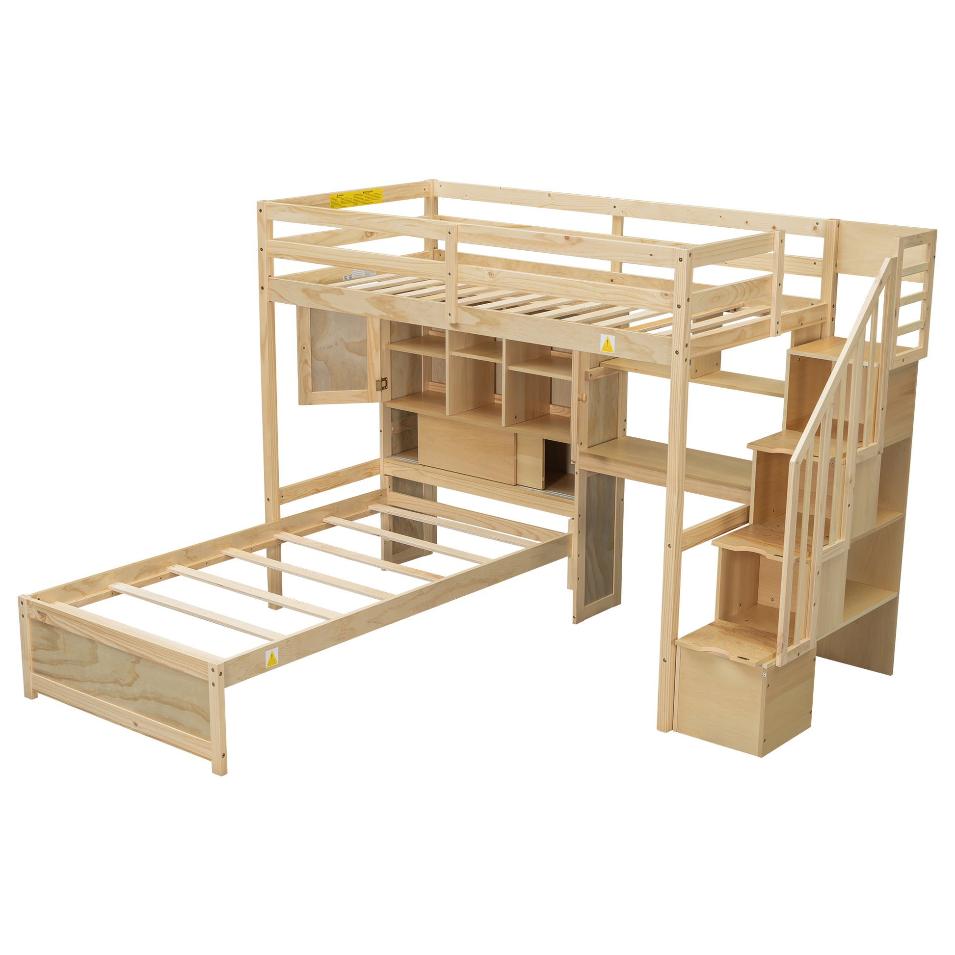 Twin Over Twin Loft Bed With Built In Desk And Staircase, With Storage Compartments And Shelves, Natural Twin Box Spring Not Required Natural Wood Pine