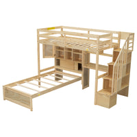 Twin Over Twin Loft Bed With Built In Desk And Staircase, With Storage Compartments And Shelves, Natural Twin Box Spring Not Required Natural Wood Pine