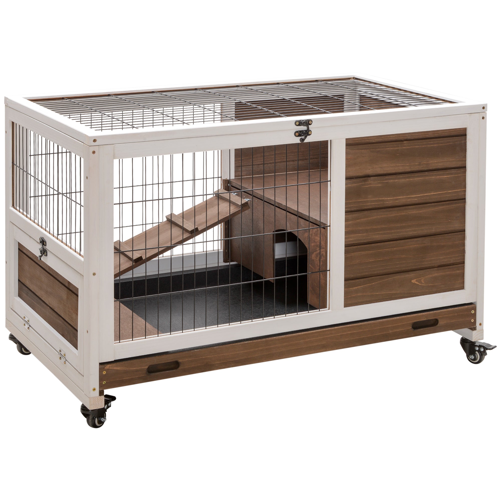 Pawhut Wooden Rabbit Hutch Indoor Outdoor, Elevated Bunny Cage With No Leak Tray Enclosed Run With Wheels, Ideal For Guinea Pigs And Small Animals, Brown Brown Wood