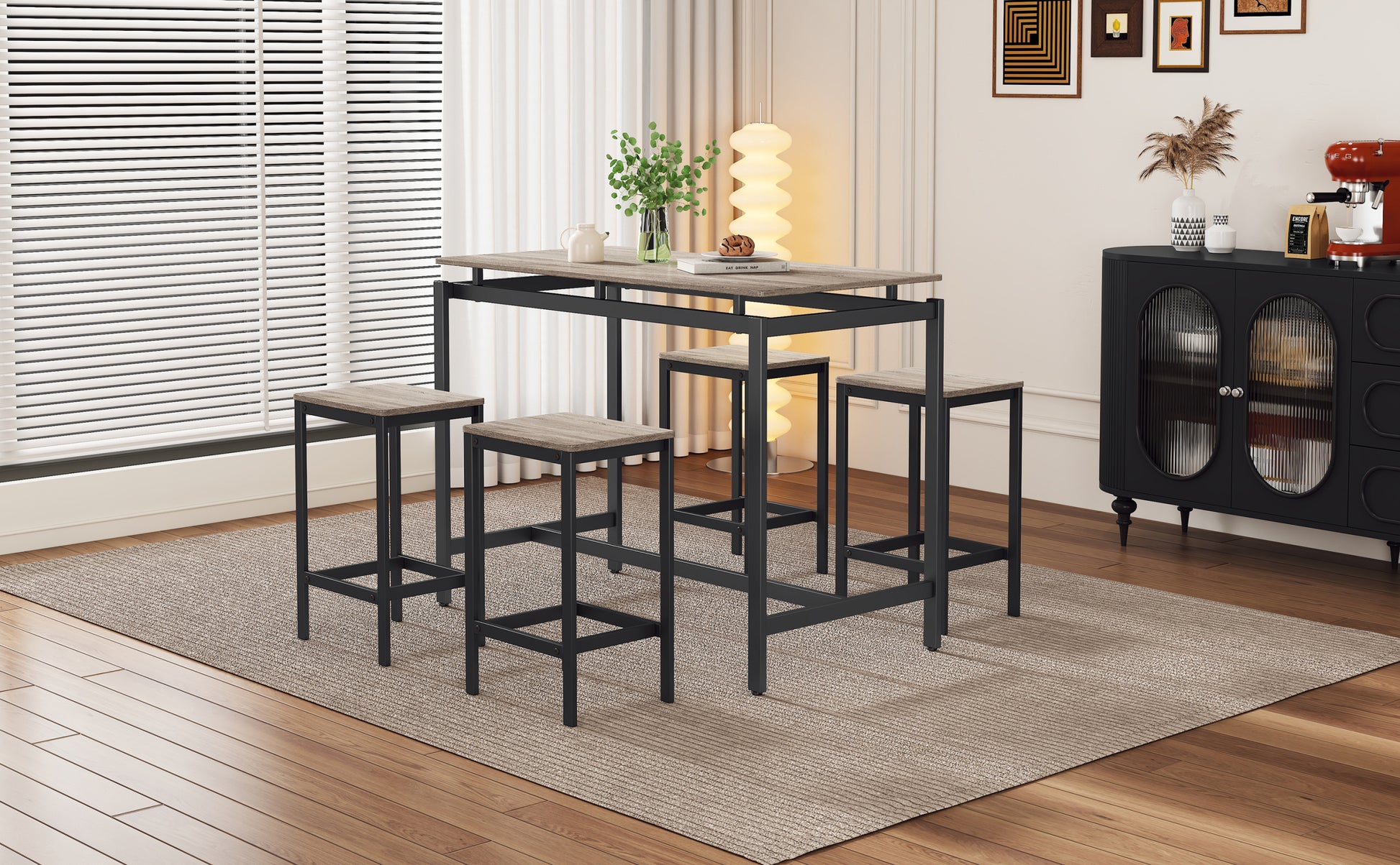 5 Piece Compact Bar Table Set With Table And Stools Modern Industrial Design, Space Saving Furniture For Dining Room And Breakfast Nook Oak Oak Mdf Steel