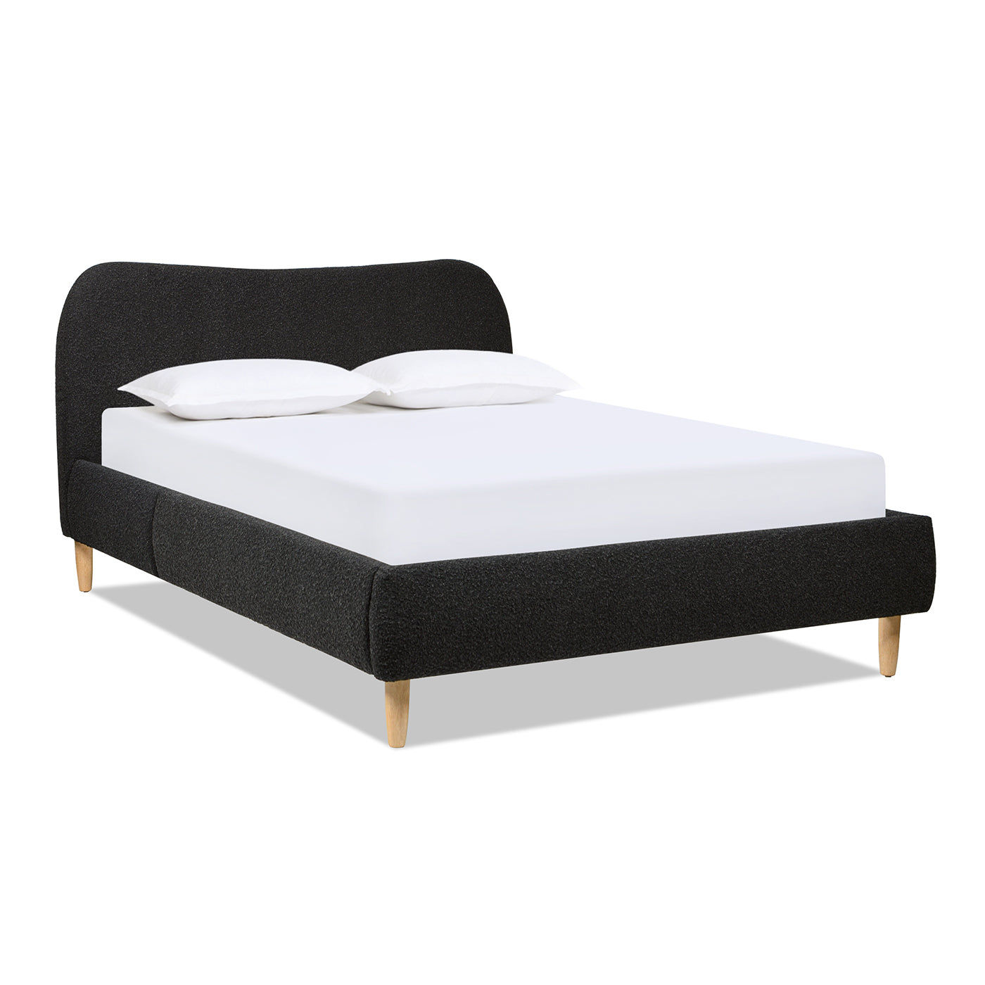 Roman Curved Headboard Upholstered Platform Bed, Queen, Ebony Black Boucle Box Spring Not Required Queen Black Wood Foam Boucle Boucle