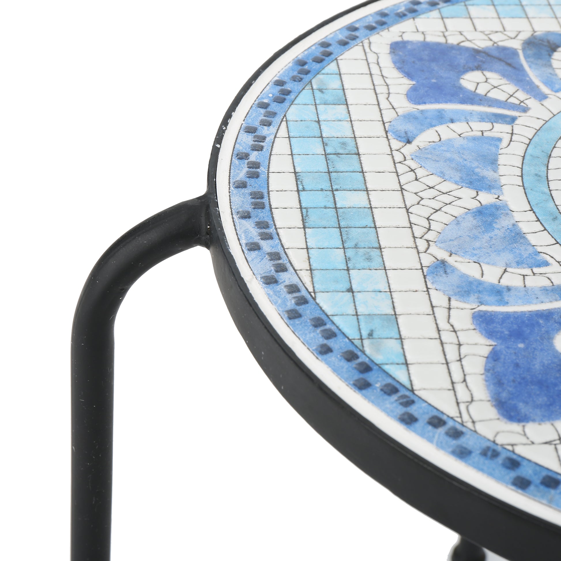 Skye End Table White Blue Ceramic Tile Iron