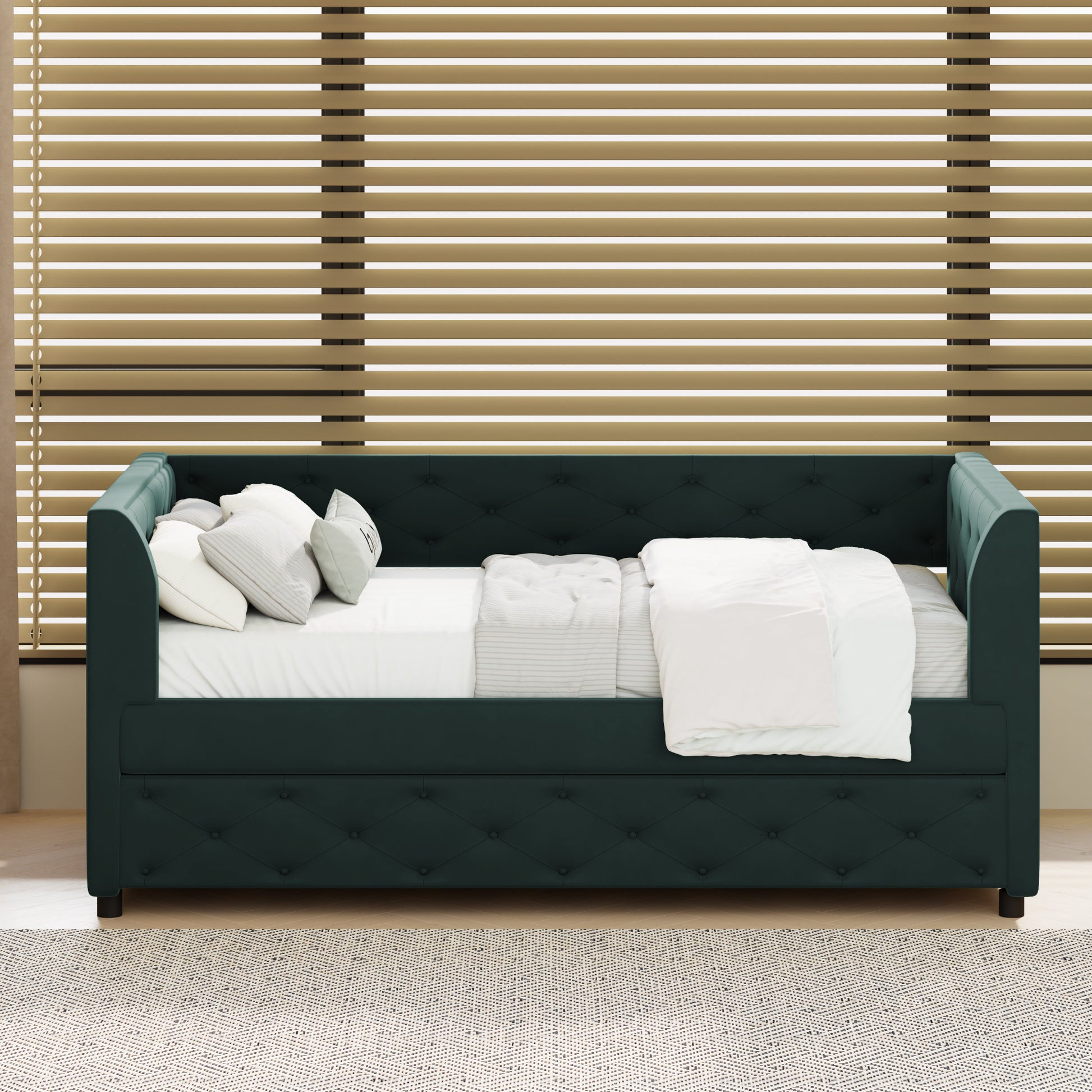 Twin Size Upholstered Velvet Tufted Daybed With Trundle, Green Box Spring Not Required Twin Green Wood Daybeds Velvet Solid Wood Mdf,Velvet