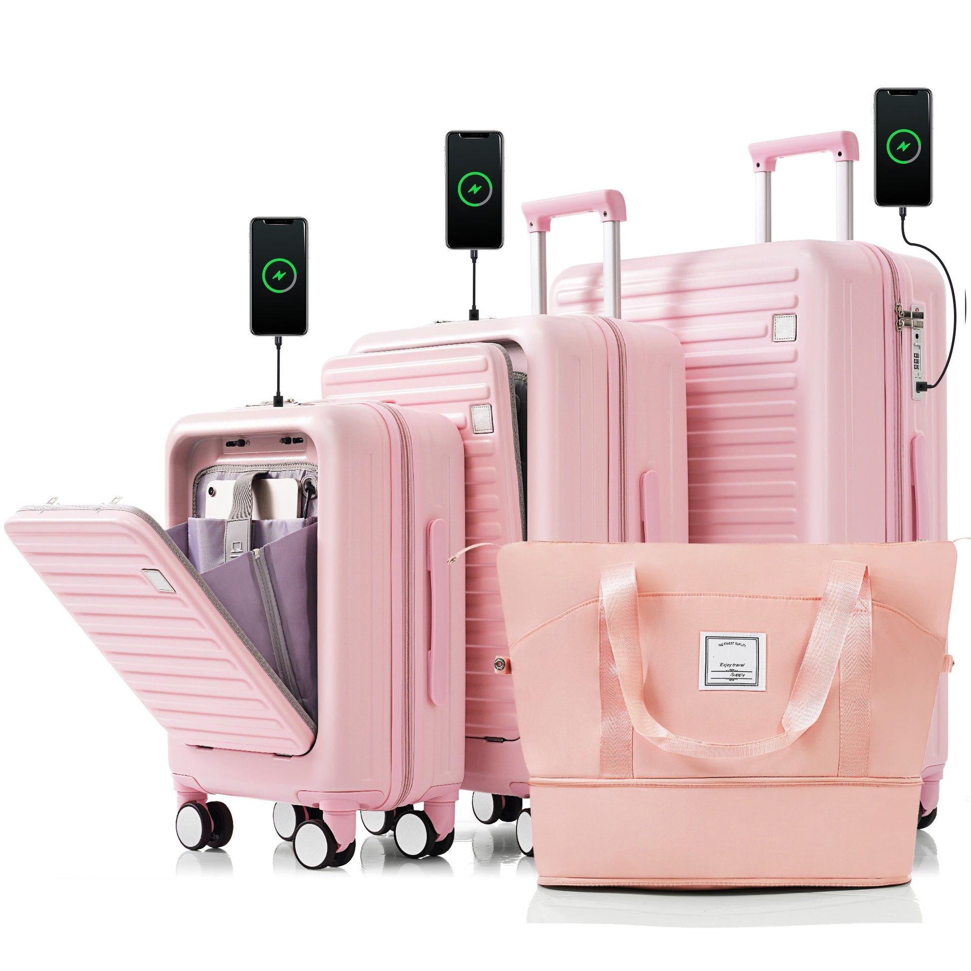 Luggage Set Of 4 With Usb Port, 20, 24Inch With Front Opening Design Airline Certified Carry On Luggage With Cup Holder, Abs Hard Shell Luggage With Expandable Travel Bag, Pink Pink Abs