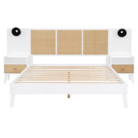 Queen Size Solid Wood Bed Frame With 2 Nightstands, Elegant Design With Lamps, Rattan And Wood Combination,White Queen White Wood