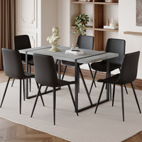 Table And Chair Set. Modern Minimalist Grey Marble Textured Mdf Dining Table With Metal Frame. Comes With Chairs With 6 Pu Cushions And Black Metal Legs. Black Seats 6 Mdf Metal