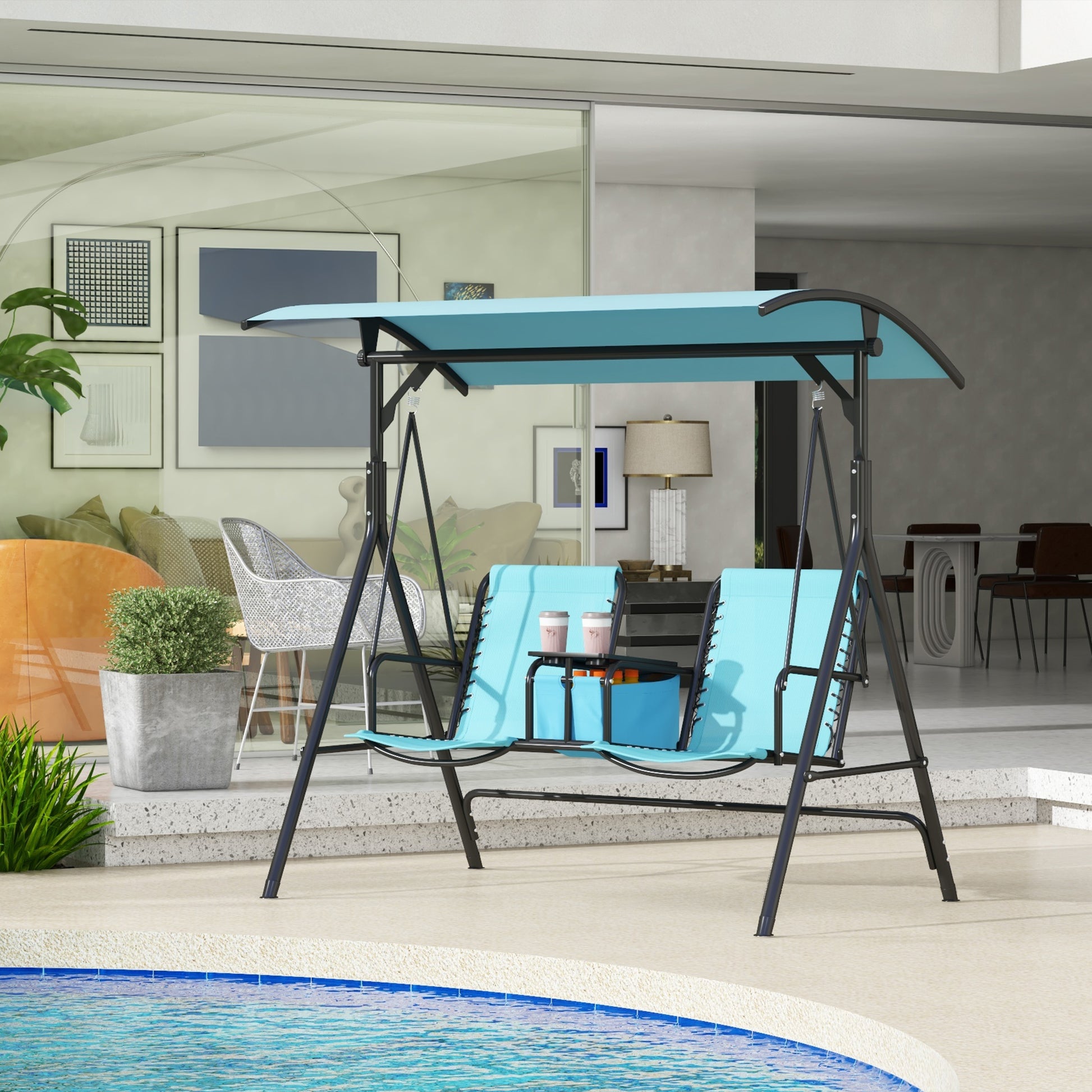 Outsunny 2 Seat Patio Swing Chair, Outdoor Canopy Swing Glider With Pivot Storage Table, Cup Holder, Adjustable Shade, Bungie Seat Suspension And Weather Resistant Steel Frame, Blue Blue Steel