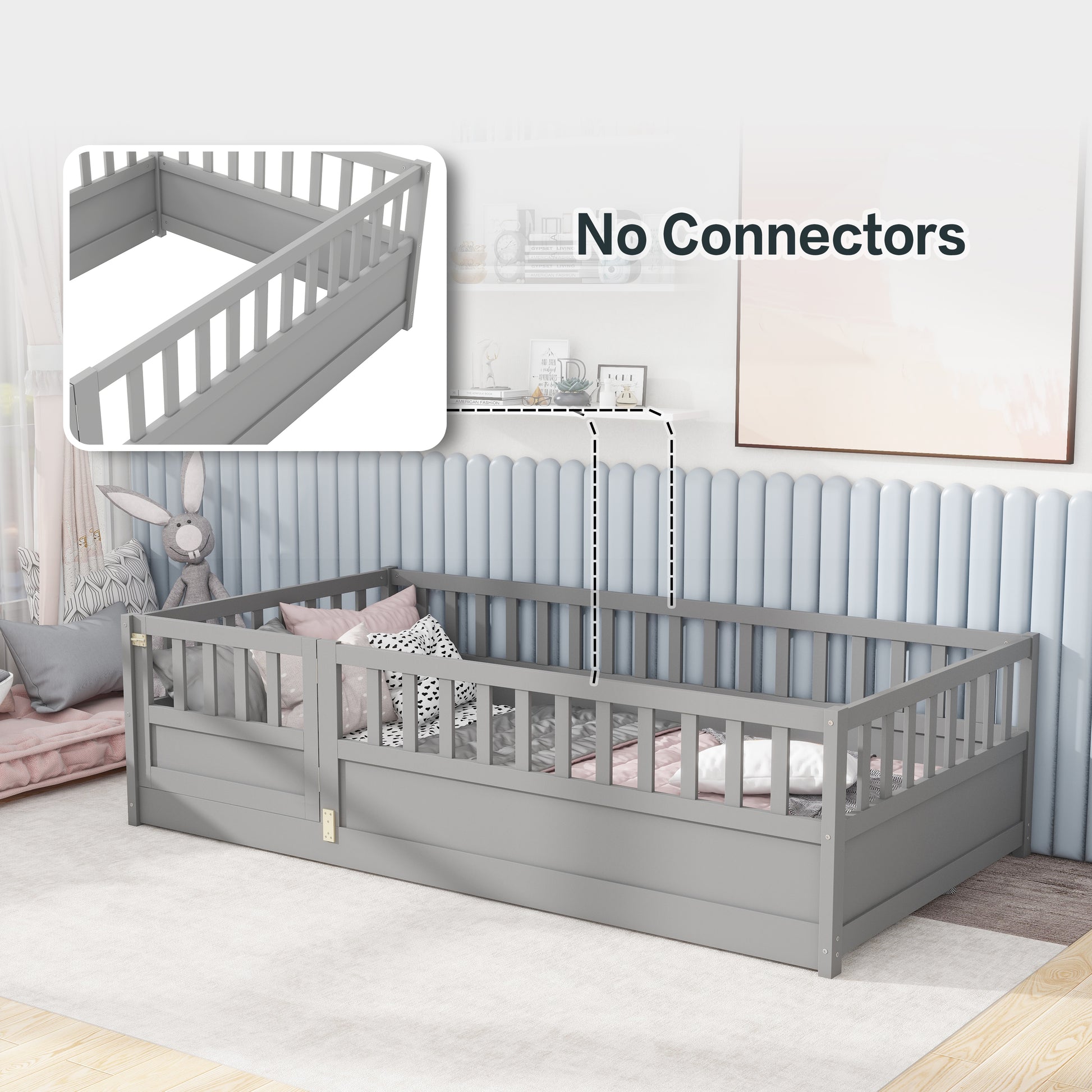 Twin Size Floor Bed, Integral Construction With Super High Security Barrier, Door, Children'S Floor Bed Frame, Montessori Wooden Children'S Floor Bed, Grey Box Spring Required Twin Grey Wood Brown