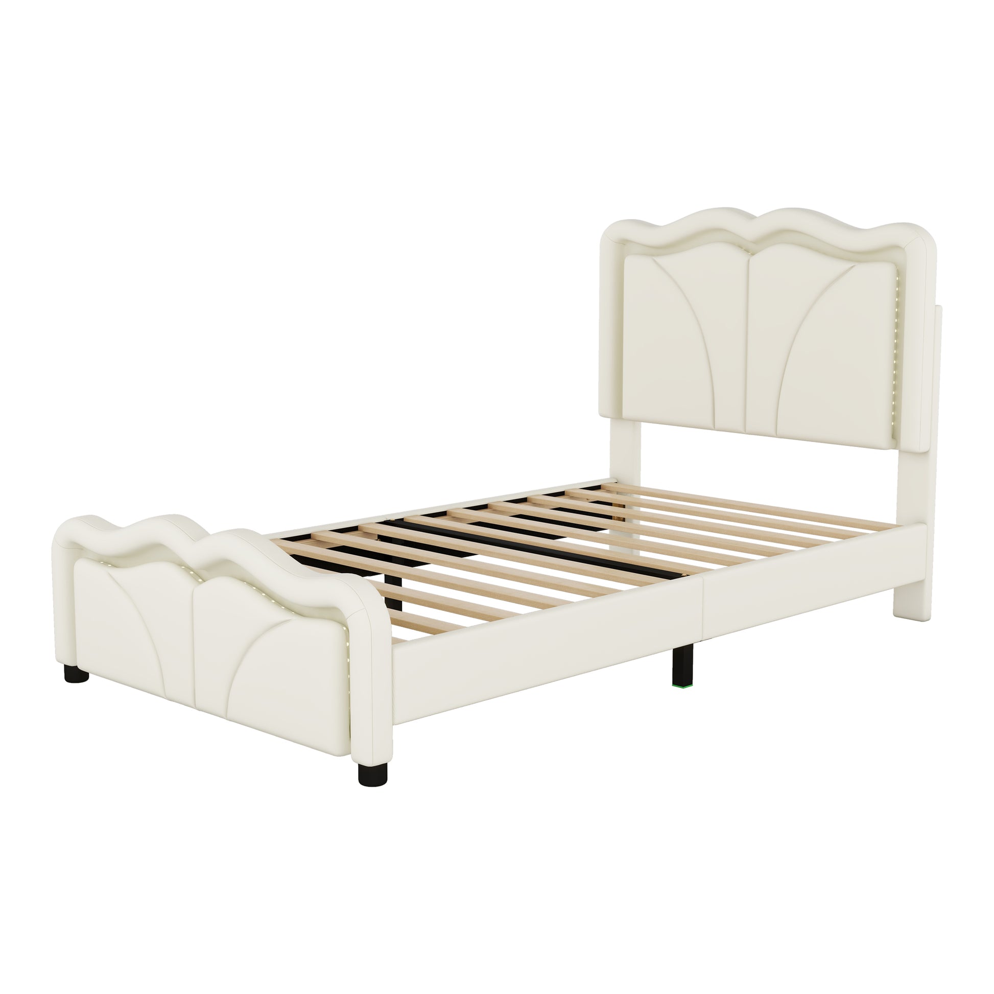 Twin Size Upholstered Platform Bed With Curve Shaped And Height Adjustbale Headboard,Led Light Strips,White Twin White Upholstered