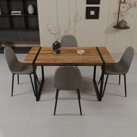 59" Mdf Natural Wood Dining Table And Modern Dining Chair Set Of 4 Pieces, Medieval Wooden Kitchen Dining Table Set, Black Rectangular Metal Base, Dining Table And Suede Chair Set Brown Grey Mdf