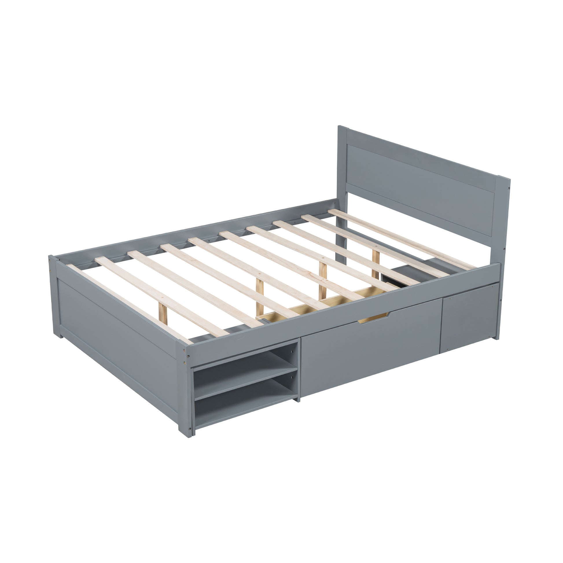 Full Size Platform Bed With Drawer And Two Shelves, Gray Expected Arrival Time: 10.28 Full Gray Mdf Lvl